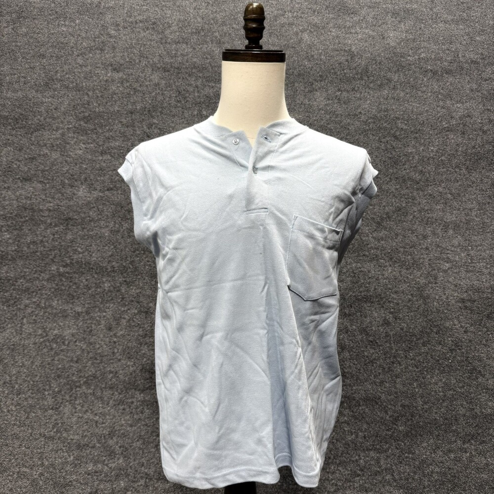 Vintage USA Made Mens Medium Light Blue Sleeveless Polo Shirt Pocket Henley